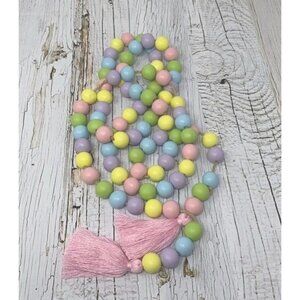Easter Spring Pastel Wood Wooden Bead String Garland Pink Purple Tassels 72”
